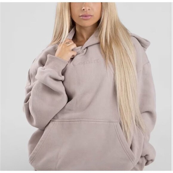 COMFRT Taupe Cotton Blend Hoodie Sweatshirt Size L Cozy Lounge Neutral Casual - Picture 1 of 8